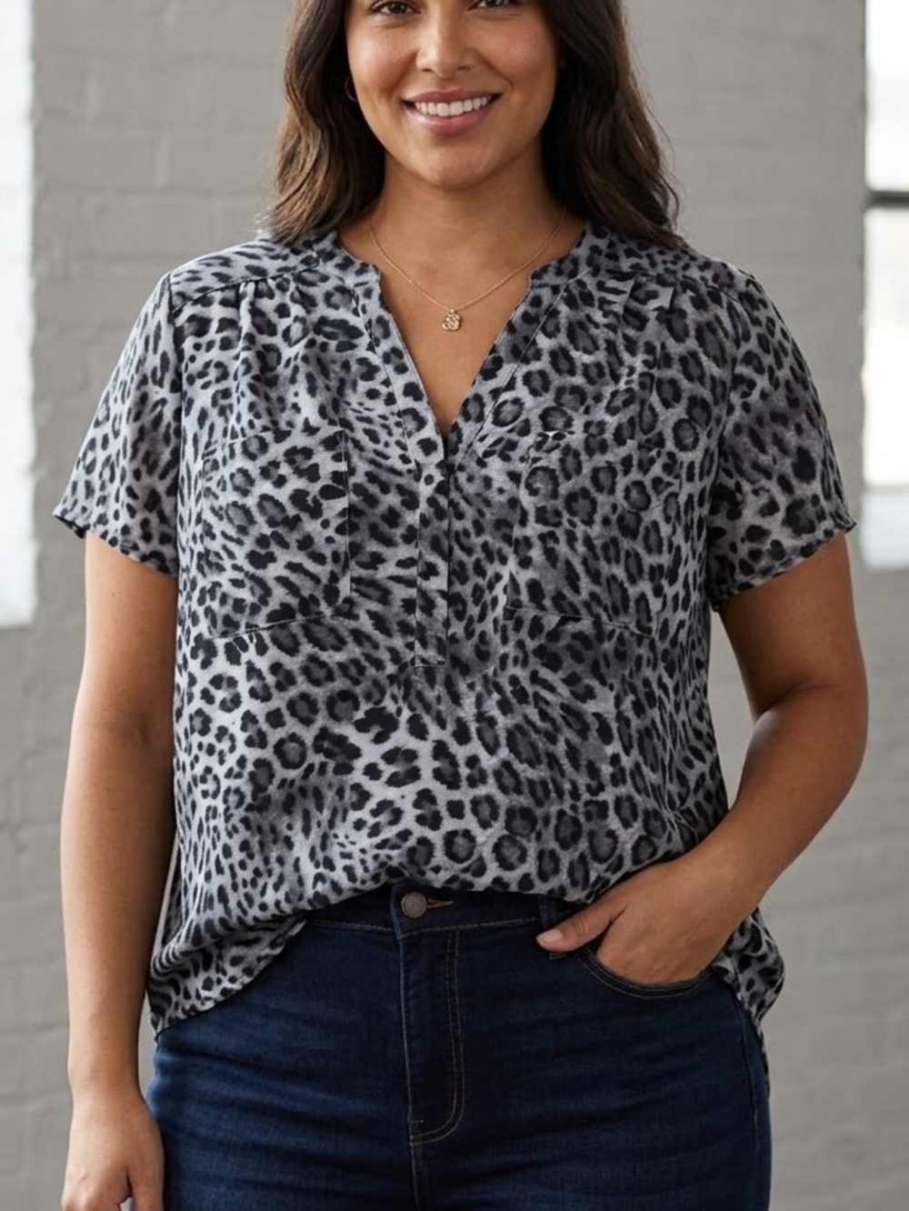 torrid Gray Leopard Print V-Neck Short Sleeve Blouse